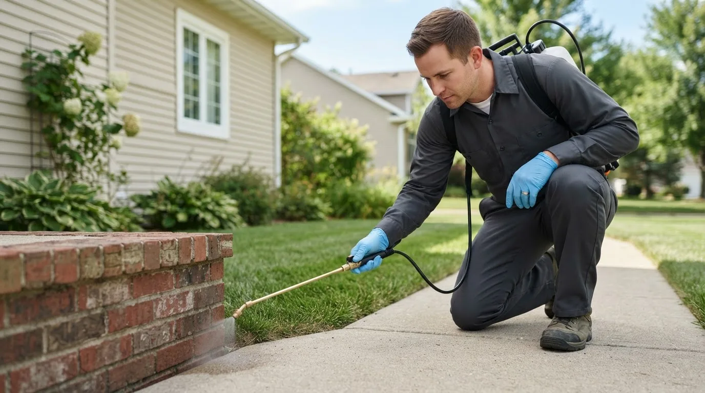 Pest control technician treating a home near Broomfield, CO